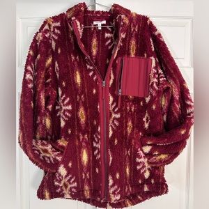 Red & Yellow Snowflake Sherpa Zip-up Jacket with pockets